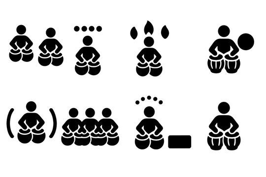 Tabla Techniques Icons. Solid, filled icon set of tabla playing techniques: tehai, kaida, rela, tukda, gat, chakradhar, paran, tuk. Solid, filled icons in only