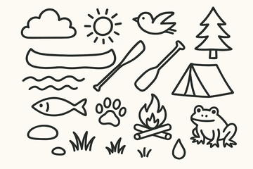 Wilderness Doodle Icons. Hand-drawn doodle illustration River wilderness canoe, paddle, fish, wave, tree, bird, sun, cloud, tent, campfire, paw print, stone,