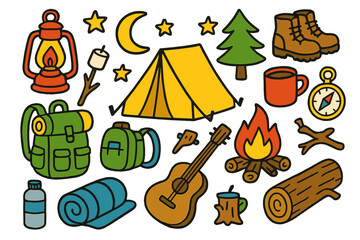 Obraz premium Camping Adventure Doodles. Colorful Hand-drawn doodle Children illustration Camping Trip [tent, campfire, marshmallow on stick, lantern, backpack, water