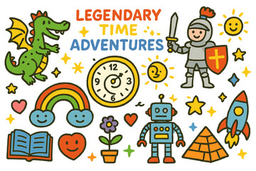 Legendary Time Adventures. Colorful Hand-drawn doodle Children illustration Legendary Time Adventures dragon, knight, pyramid, robot, rocket, spiral clock,