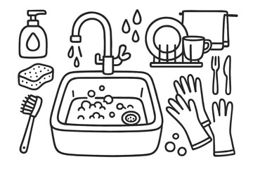 Kitchen Sink Doodle. Hand-drawn doodle illustration [Kitchen sink area] [sink, faucet, sponge, soap bottle, dish rack, plate, cup, fork, knife, water droplets,