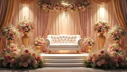 Fototapeta premium Elegant event space, white tufted sofa, floral arrangements, soft pink roses, baby breath. Golden vases, draped curtains, warm glow. Perfect for weddings, celebrations, romantic gatherings, creating