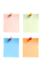 Four pastel-colored sticky notes, each with a small, round,  pink pin.  Grid-like pattern and slight pixelation evident