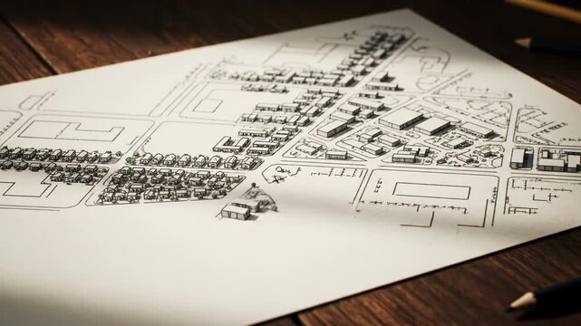 Intricate hand-drawn urban development plan on paper, detailing architectural layouts of a modern city, encompassing residential zones, commercial buildings, and infrastructure design