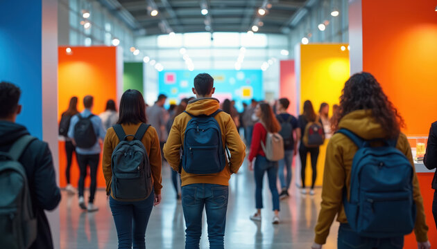Vibrant career fair setting. Young adults with backpacks engage with recruiters at company booths. People networking in modern urban convention hall with colorful walls. Students seeking job