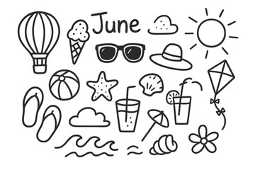 Summer Holiday Icons. Hand-drawn doodle illustration June holiday fun hot air balloon, ice cream, sun, sunglasses, hat, flip flops, beach ball, umbrella,