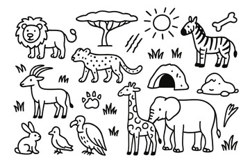 Fototapeta premium Savanna Wildlife Doodles. Hand-drawn doodle illustration savanna prey and predators lion, cheetah, zebra, antelope, giraffe, elephant, paw print, claw mark,