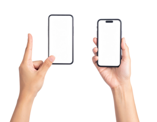 Two hands holding smartphones with blank screens, isolated on black