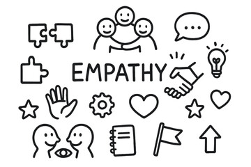 Empathy Teamwork Doodle Icons. Hand-drawn doodle illustration Empathy in teamwork group of people, circle, puzzle pieces, handshake, speech bubble, light bulb,