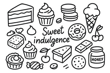 Sweet Treats Doodle. Hand-drawn doodle illustration Sweet indulgence, chocolate cake, cupcake, macarons, ice cream cone, donut, pie slice, brownie, tart,