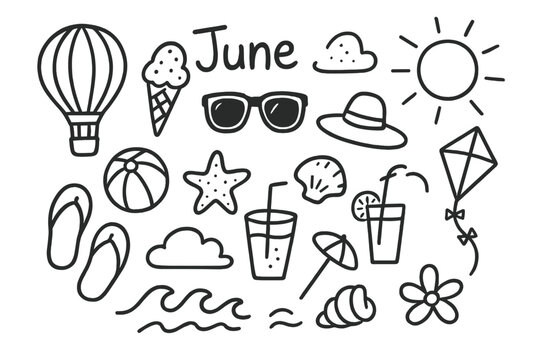 Summer Holiday Icons. Hand-drawn doodle illustration June holiday fun hot air balloon, ice cream, sun, sunglasses, hat, flip flops, beach ball, umbrella, - Powered by Adobe