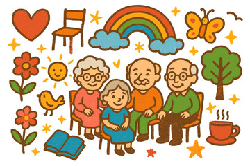 Fototapeta premium Elders' Joyful Gathering. Colorful Hand-drawn doodle Children illustration Community of Elders group of elderly, chairs, heart, rainbow, sun, cloud, flower,