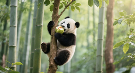 Obraz premium A cute panda cub climbs a guava tree to eat fruit.