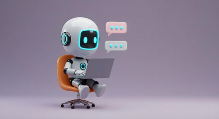 3D Cute Robot Chatting on Laptop with Speech Bubbles