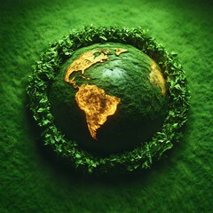 Earth encircled by a vibrant green wreath on a lush green background.  Earth's continents are highlighted in gold, creating a striking image of nature and global harmony