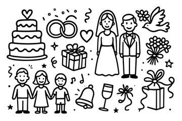 Wedding Celebration Doodles. Hand-drawn doodle illustration Wedding family celebration [wedding cake, rings, bride, groom, heart, bouquet, dove, gift box, wine