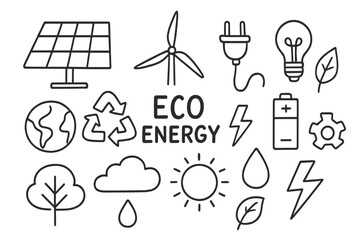 Eco Energy Icons. Eco Energy. Hand-drawn doodle illustration eco energy solar panel, wind turbine, plug, light bulb, battery, recycling symbol, leaf, droplet,