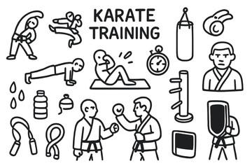 Fototapeta premium Karate Training Doodle. Hand-drawn doodle illustration Karate Training [stretching pose, jumping kick, push-ups, sit-ups, punching bag, wooden dummy, whistle,