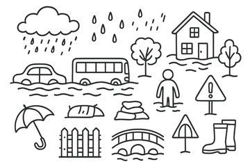 Urban Flooding Doodles. Hand-drawn doodle illustration Urban flooding street, car, bus, house, rising water, raindrop, cloud, boot, umbrella, sandbag, tree,