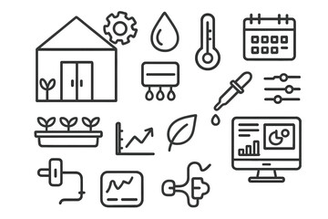 Greenhouse Automation Doodles. Hand-drawn doodle illustration Greenhouse automation greenhouse, gear, humidity icon, temperature gauge, water sensor, plant