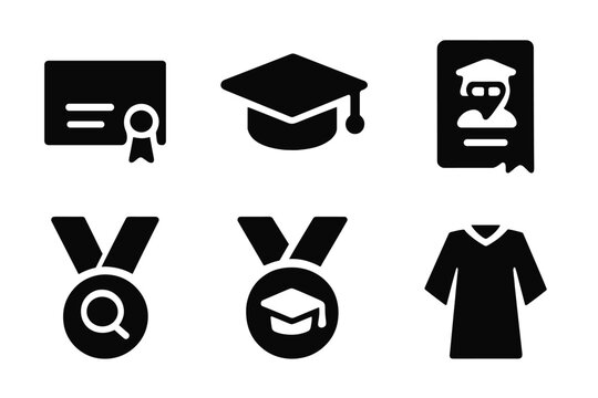 Academic Achievement Icons. Solid, filled icon set of academic ranks: diploma, graduation cap, professor badge, thesis document, research award, scholar medal,