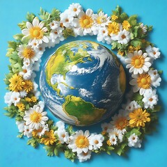 Earth encircled by a wreath of daisies.  A detailed image of a globe nestled within a vibrant circle of white and yellow daisies and greenery, on a light blue background