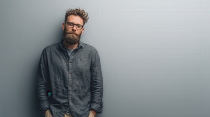 Fototapeta premium Stylish Young Man with Beard and Glasses Posing Against a Minimalist Background