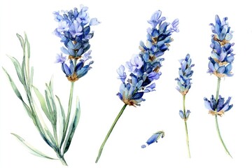 Obraz premium Watercolor illustration of lavender flowers and leaves.