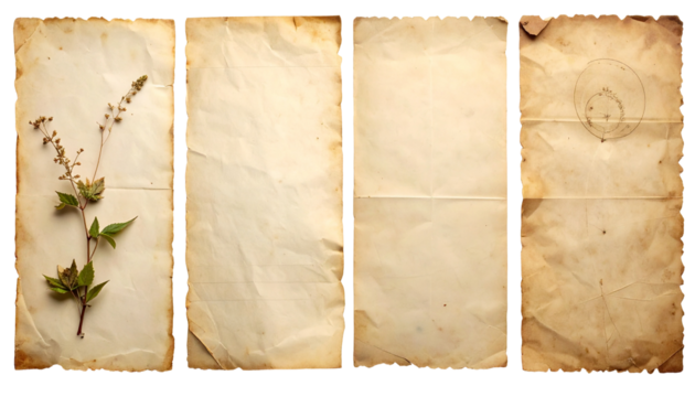 Aged, textured paper sheets with pressed botanicals
