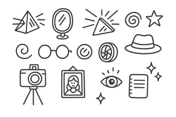 Experimental Photography Doodles. Hand-drawn doodle illustration experimental portrait photography prism, mirror, light rays, star, spiral, glasses, lens, hat,