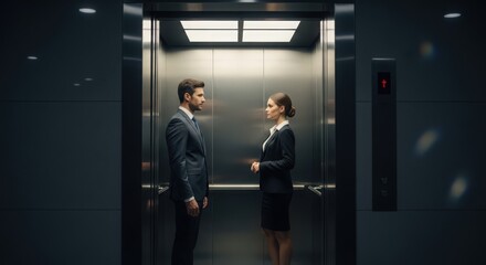 Business professionals conversing in a modern elevator