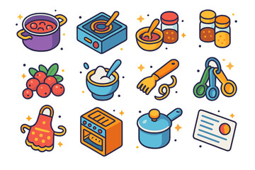 Festive Cooking Icons. Colorful isometric vector icons set of Festive kitchen cooking: cranberry sauce simmering pot, stovetop, wooden spoon stirring, spice