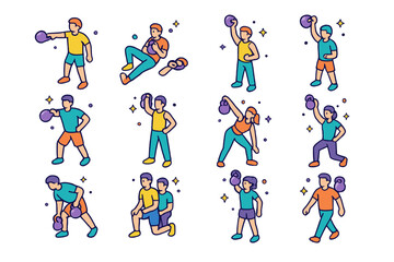 Colorful Kettlebell Exercises. Colorful isometric vector icons set of kettlebell exercises: kettlebell swing, Turkish get-up, goblet squat, kettlebell snatch,