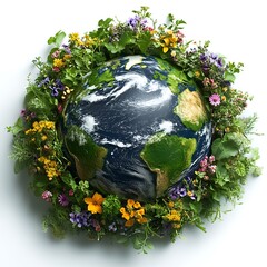 Earth encircled by vibrant flowers and greenery