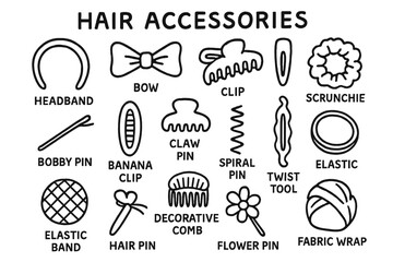 Hair Accessories Icons. Hand-drawn doodle illustration Hair Accessories in Use headband, bow, clip, scrunchie, bobby pin, banana clip, claw clip, spiral pin,