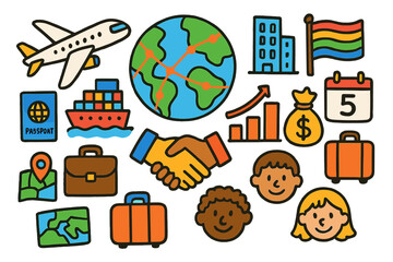 Global Business Doodles. Colorful Hand-drawn doodle Children illustration International business expansion globe, handshake, airplane, cargo ship, passport,