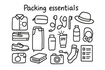 Packing Essentials Doodle. Hand-drawn doodle illustration Packing essentials [suitcase, folded shirt, pants, shoes, toiletry bag, toothbrush, sunscreen bottle,