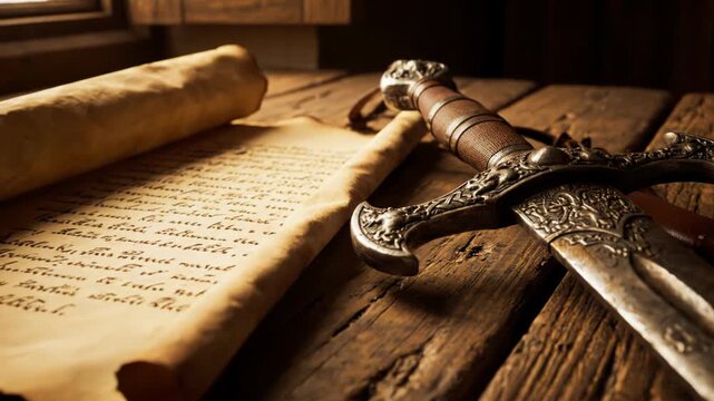 Whispers of antiquity An ancient, weathered scroll unfurls beside a majestic, ornate sword on a rustic wooden table, hinting at forgotten legends and epic journeys