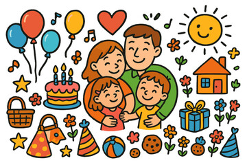 Fototapeta premium Colorful Family Celebration. Family Celebration. Colorful Hand-drawn doodle Children illustration Family Celebration cake, balloons, heart, family hug, smiling