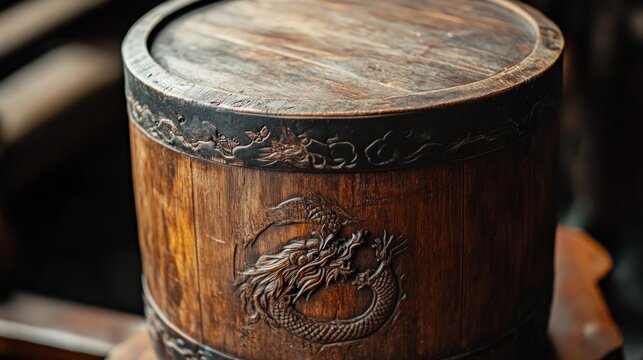 Detailed close up of a vintage wooden barrel with dragon carving and metal hoops showcasing