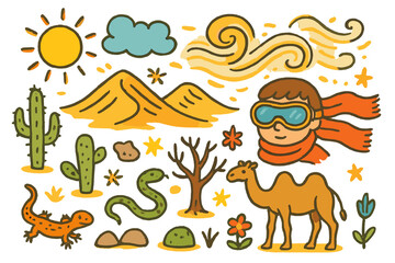 Obraz premium Desert Doodle Elements. Colorful Hand-drawn doodle Children illustration Sandstorm [sand dune, cactus, wind swirl, cloud, sun, goggles, scarf, lizard, snake,