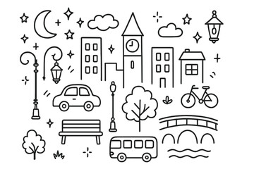 Fototapeta premium Whimsical Night Cityscape. Hand-drawn doodle illustration Night city [buildings, streetlamp, car, moon, stars, clock tower, bench, tree, window, bridge, bus,
