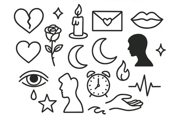 Fototapeta premium Hearts and Symbols Doodle. Hand-drawn doodle illustration love and longing heart, rose, candle, letter, lips, moon, silhouette, teardrop, eye, clock, flame,