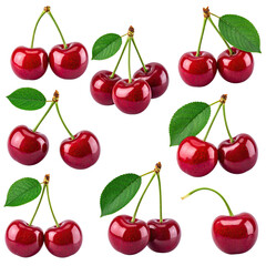 Fresh, vibrant cherries arranged in a grid pattern, each cluster with leaves and stems