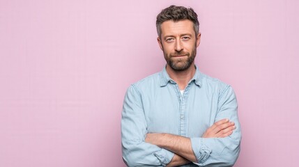Confident Man with Beard Posing Against a Pink Background