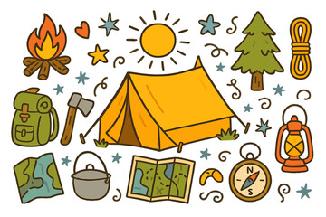 Colorful Camping Doodle. Camping. Colorful Hand-drawn doodle Children illustration tent, campfire, backpack, axe, pot, lantern, map, compass, tree, star, sun,