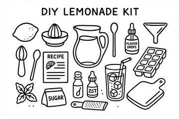 DIY Lemonade Essentials. Hand-drawn doodle illustration DIY Lemonade Kit lemon, juicer, pitcher, spoon, recipe card, glass, straw, sugar pack, cutting board,
