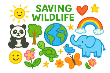 Saving Wildlife Doodles. Colorful Hand-drawn doodle Children illustration Saving Wildlife [panda, turtle, elephant, tree, globe, rainbow, heart, star, spark,