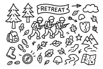 Forest Retreat Doodle. Hand-drawn doodle illustration Retreat through forest soldier figures, trees, leaves, backpack, helmet, broken shield, boot prints,