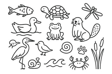 River Wildlife Doodles. Hand-drawn doodle illustration River wildlife fish, turtle, duck, frog, dragonfly, beaver, otter, snail, heron, bird, paw print, shell,